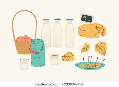 Composition of dairy products and eggs. Fair of local products. Cheese, milk and eggs. Vector isolated elements with textures.