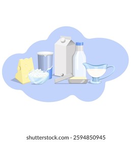 Composition dairy products milk, cottage cheese, cream, butter, cheese, sour cream.Vector illustration of food.
