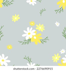 Composition of daisy flowers with leaves on a gray background. Seamless vector pattern.