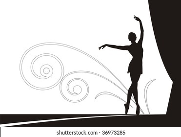 Composition with the dancing ballerina. She dances on a theatre scene. On a distance shot the ornament from spirals is located.