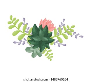 Composition with a dark green cactus in the center. View from above. Vector illustration on a white background.