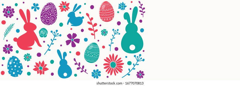 Composición de huevos decorativos, conejillos y flores. Pancarta colorida de Pascua con espacio de copias. Vector