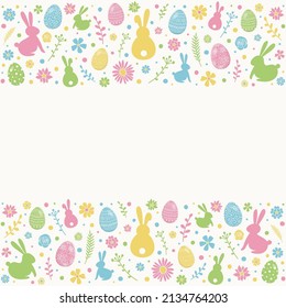 Composición de huevos decorativos, conejillos y flores. Colorido fondo de Pascua con espacio de copias. Vector