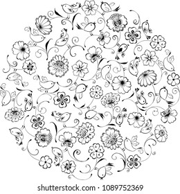 Composition of decorative flowers and birds