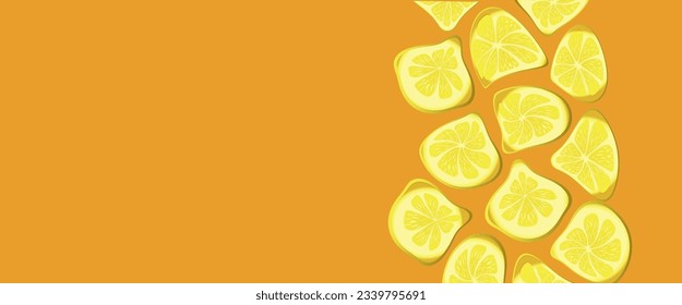 Composition deformed lemons on the orange color background. Distorted and surreal fruit collection. Banner with empty space.