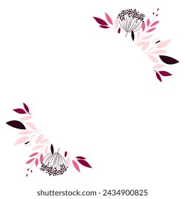 Composition of delicate twigs in shades of pink. Floral frame on white background. Vector pattern for voucher, wishes and wedding invitations.