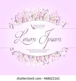 Composition of delicate wild flowers on a pink background with space for your text. Postcard. Vector illustration