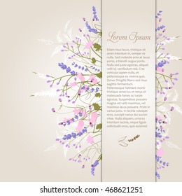 Composition of delicate wild flowers on a beige background with space for your text. Card. Vector illustration