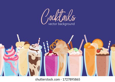 Composition of delicious milkshakes in glasses vector flat illustration background. Many refreshing tropical beverages in jars isolated. Dessert drinks decorated with fruits, berries, whipped cream