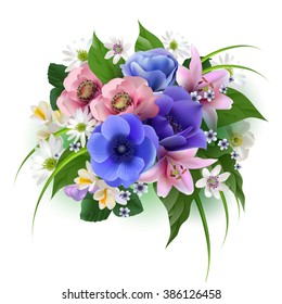 Composition of the delicious spring flowers for design of postcards, brochures, banners, flyers,isolated, on a plane surface, vector illustration