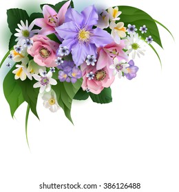 Composition of the delicious spring flowers for design of postcards, brochures, banners, flyers,isolated, on a plane surface, vector illustration