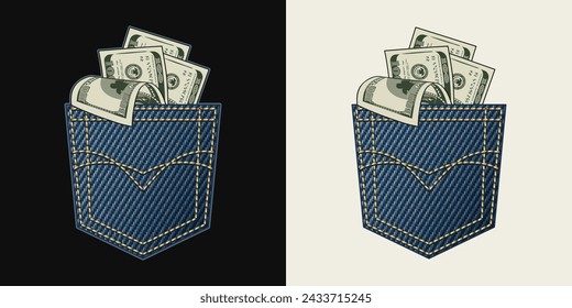 Composition with denim back pocket and sticking out 100 USD dollar notes. Composition in vintage style on black, white background
