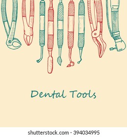 Composition with dentist tools and dental care tools. Vector hand drawn dental collection