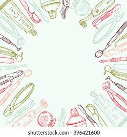 Composition with dentist tools and dental care tools. Vector hand drawn dental collection