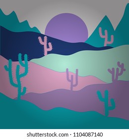 Composition. Deserts and Sand Dunes Landscape. Vector illustration. Background with cactus in neutral, blue and violet colors.