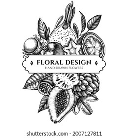 Composition design with black and white papaya, guava, passion fruit, starfruit, durian, rambutan, pitaya, jackfruit, sugar-apple, soursop, mangosteen