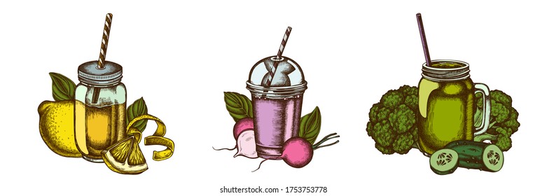 Kompositionsdesign der farbigen Zitronen, Brokkoli, Racin, Basilikum, Smoothie-Tasse, Smothie-Gläser, Gurken