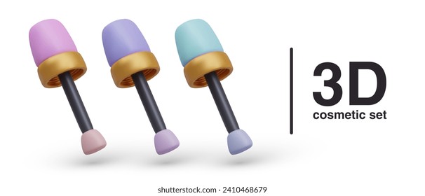 Composition with different applicators for lipstick. Holder in pink, purple, and blue colors with brush. Vector 3d illustration with shadow and place for text