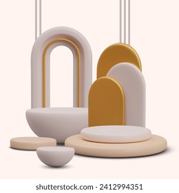 Composición con diferentes arcos de colores beige y blanco con elementos dorados