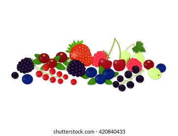Composition of different berries on white background. Cranberry, strawberry, blackberry, raspberry, blueberry, redcurrant, blackcurrant, cherry, gooseberry.