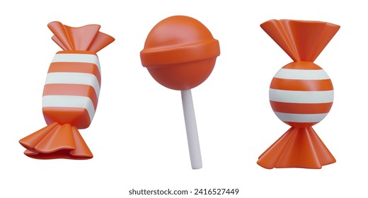 Composition with different candies. Collection for Halloween. Sweet candy with cherry taste. Concept of trick or treat. Vector illustration in 3d style with white background