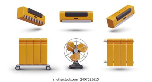 Composición con diferentes dispositivos climáticos. Acondicionador de aire realista en diferentes posiciones, calentador de batería móvil y batería para calefacción central. Ilustración vectorial en estilo 3d