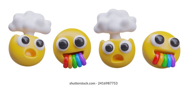 Composition with different emoticons in different positions. Emoticon with shock reaction and emoji yawning with rainbow. Vector illustration in 3d style with white background