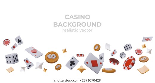 Composition with different flying game cubes, red chips for poker, and playing cards. Concept of casino background. Vector illustration in 3D style with place for text