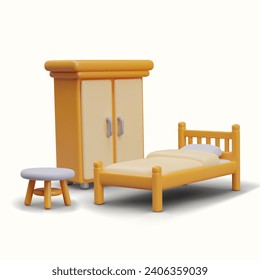 Composición con diferentes muebles para una cómoda habitación. Armario realista, mesita de té y cama con manta y almohada. Ilustración vectorial en estilo 3d