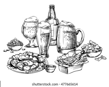 Composition of Different Glass mugs, bottle, cup, jar, pot, cans Beer and Snacks. Hand Drawing Sketch image for Oktoberfest, menu the restaurant, pub, bistro, snack bar, tavern, isolated vector 