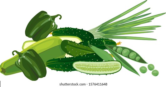 Composition of different green vegetables isolated on white background