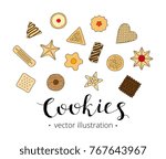 Composition of different hand drawn cookies with chocolate and jelly with lettering. Top view.