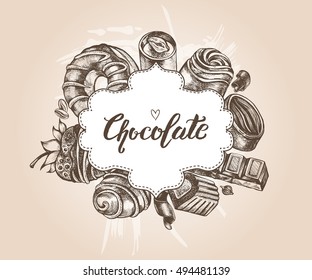 Composition of different kinds of chocolate. Assorted candies. Hand drawn Food elements, Vector illustration. Menu or signboard template, Vintage style poster.