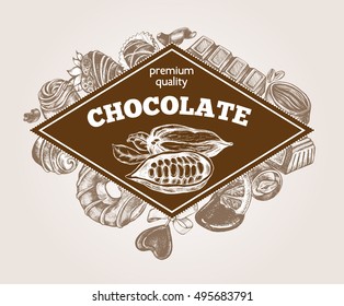 Composition of different kinds of chocolate and the pods of cocoa beans. Assorted candies. Hand drawn Food elements, Vector illustration. Menu, label or signboard template, Vintage style poster.