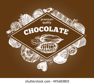 Composition of different kinds of chocolate and the pods of cocoa beans. Assorted candies. Hand drawn Food elements, Vector illustration. Menu, label or signboard template, Vintage style poster.