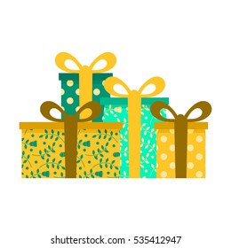 Composition with different kinds of colorful gift boxes. Boxes for presents with strips, and wrapped in bright paper with floral and polka dots patterns. Holiday concept.