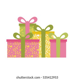 Composition with different kinds of colorful gift boxes. Boxes for presents with strips, and wrapped in bright paper with floral pattern. Holiday concept.