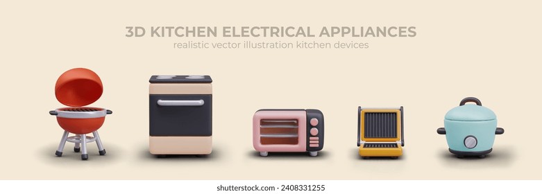 Composition with different kitchen electrical appliances. Red open grill, electrical oven, grill, and slow cooker on yellow background. Vector illustration in 3d style