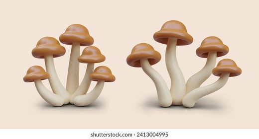 Composition with different mushrooms with brown hats on beige background. Different Autumn decoration concept. Vector illustration in 3d style with shadow