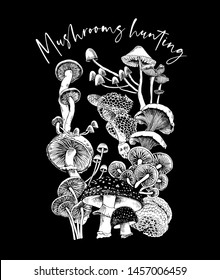 Composition of a Different mushrooms. Mushrooms hunting - lettering quote. Humor card, t-shirt composition, hand drawn style print. Vector black and white illustration.