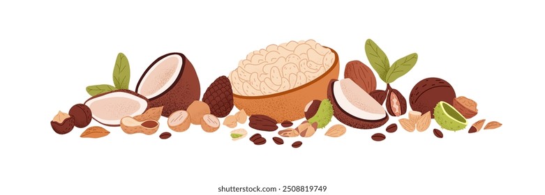 Composição das diferentes nozes. Coco, amendoim, noz com casca, amêndoa, avelã, várias sementes, grãos, tigela de caju. Alimentos orgânicos saudáveis. Ilustração de vetor isolado plano sobre fundo branco