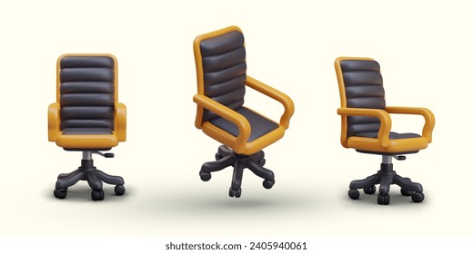 Komposition mit verschiedenen Bürostühlen in schwarz-gelben Farben. Sammlung von Büromöbeln. Schwimmender Stuhl auf weißem Hintergrund. Vektorgrafik im 3D-Stil
