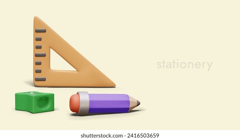 Composition with different office supplies. Purple pencil, wooden ruler, and green sharpener