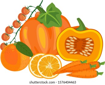 Composition of different orange vegetables and fruits isolated on white background