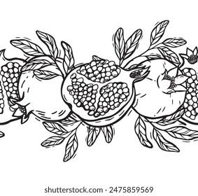 Composition of different pomegranates with leaves. Vector endless seamless botanical black and white illustration in graphic style. Drawing for food and cosmetics packaging design, postcards