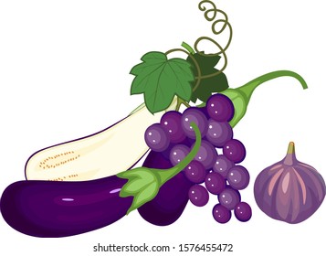 Composition of different purple vegetables and fruits isolated on white background