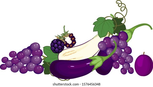 Composition of different purple vegetables and fruits isolated on white background