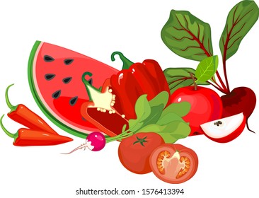 Composition of different red vegetables and fruits isolated on white background