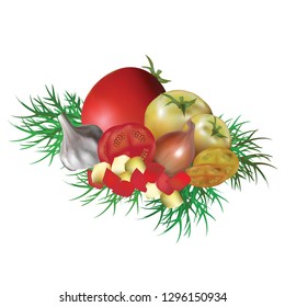 
Composition of different vegetables,tomatoes, onions, garlic, dill