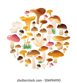 Composition of different wild mushrooms cartoon isolated symbols in a circle cloud on blank background vector illustration
